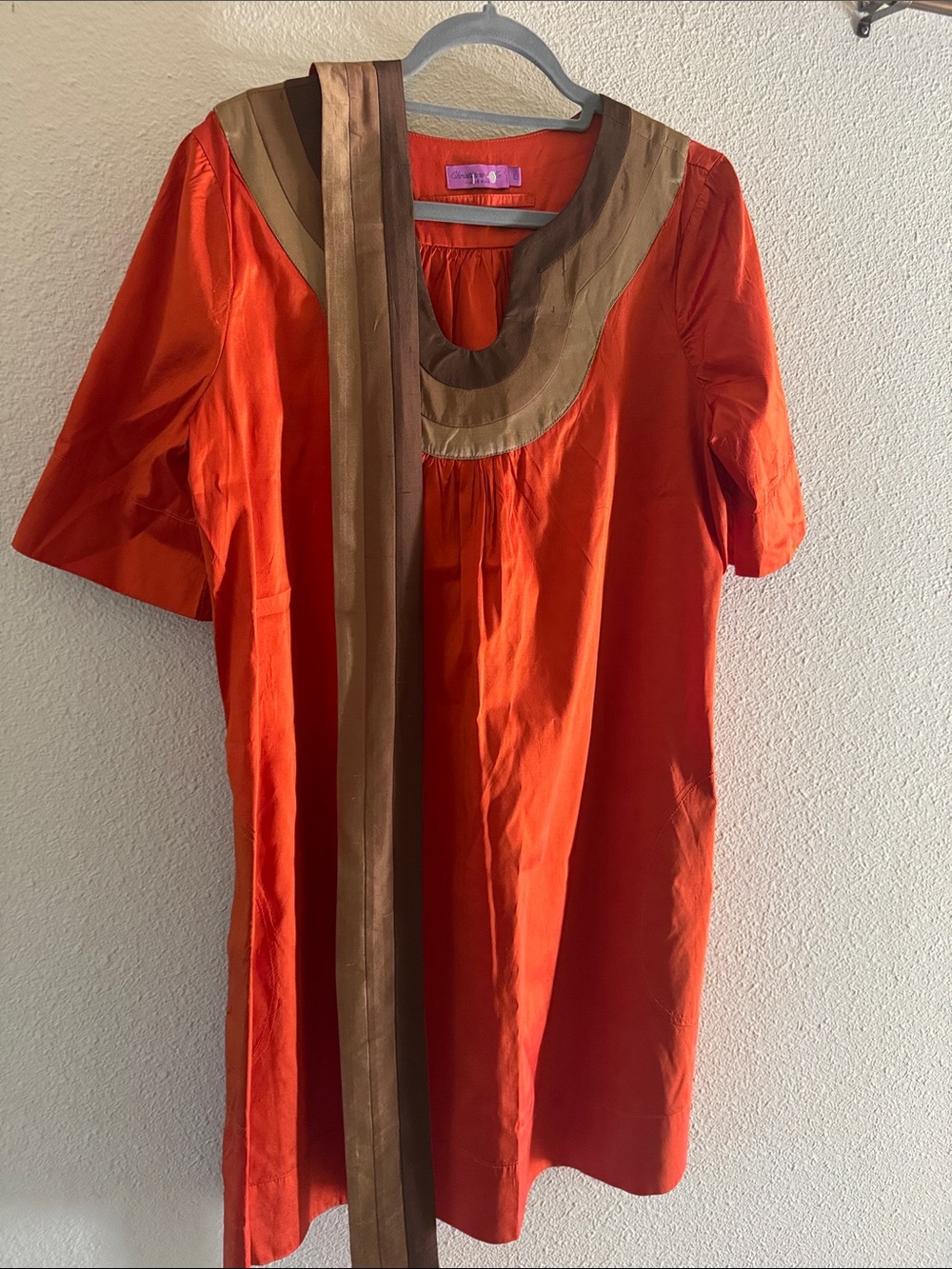 Calypso Bright Orange Beige and Brown Tunic Dress with pockets and wrap sash